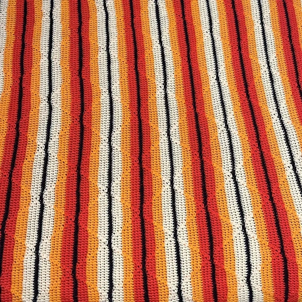 Vintage Afghan blanket  orange brown yellow fringed - Picture 5 of 9